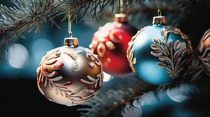 close-up arrangement of Christmas balls, on a Christmas tree branch Christmas card Merry Christmas and Happy New Year background