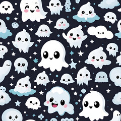 Flying baby ghost a expression for Happy halloween party on Seamless pattern of cute little cartoon ghosts on black background. 31 october fest. Ghosts pictogram.
