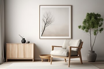 A sophisticated living room interior design featuring a mockup poster frame, a contemporary frotte armchair, a wooden commode, and trendy accessories. The wall is adorned with an eucalyptus design