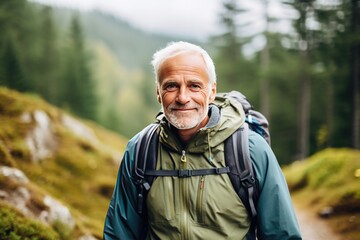 Naklejka na ściany i meble Portrait of a Active Healthy Mature Man Hiking. Aging Gracefully