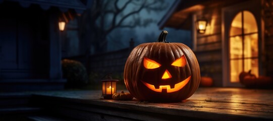 Halloween Jack O' Lantern on the Front Porch of a House