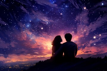 Illustration of a couple stargazing on a hilltop at night created with Generative AI technology - obrazy, fototapety, plakaty
