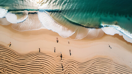Spectacular top view from drone photo of beautiful beach with relaxing sunlight, sea water waves pounding the sand at the shore. Calmness and refreshing beach scenery. - obrazy, fototapety, plakaty