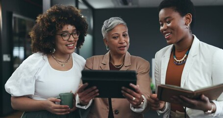 Business women, team and advice with tablet in office for data analysis, search internet and planning information. Diversity of female staff, digital technology or website connection, network and app