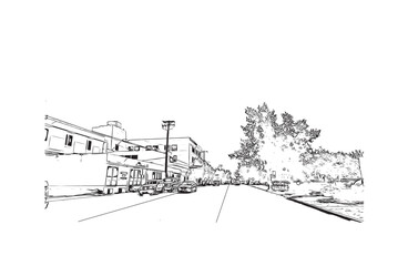 Building view with landmark of Redding
City in California. Hand drawn sketch illustration in vector.