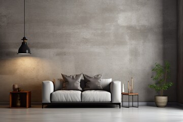 An interior that is painted gray and has no furnishings, with a concrete wall and a background made of plaster.