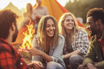 Fototapeta premium Happy young people relaxing together outdoor - Generative AI