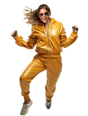 Jumping women in yellow suitcase . Happy woman. Fitness advertising 