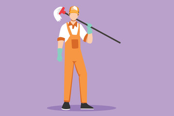 Cartoon flat style drawing man mopping floor, male cleaner janitor in uniform and bucket, cleaning service concept. Housework service, housekeeping workers, janitor. Graphic design vector illustration