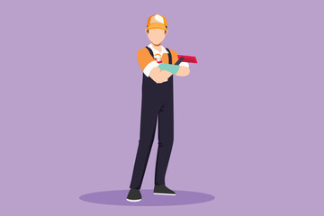 Cartoon flat style drawing cleaning worker posing and holding cleaning tool. Cleaning service with cool pose. People enjoying working in cleaning services concept. Graphic design vector illustration