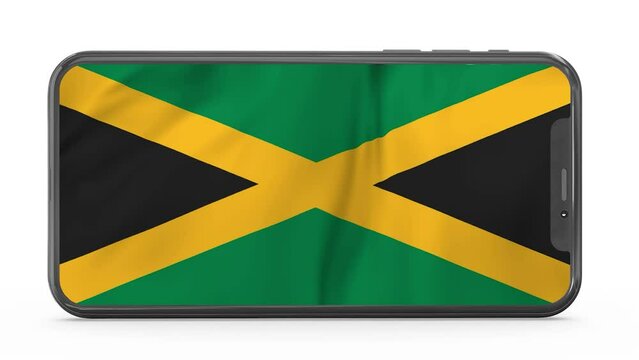 Waving flag of Jamaica on a mobile phone screen. 3d animation in 4k resolution video.