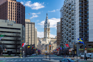 Philadelphia downtown street with historic City Hall in springtime sunset, Pennsylvania, USA - 633432745
