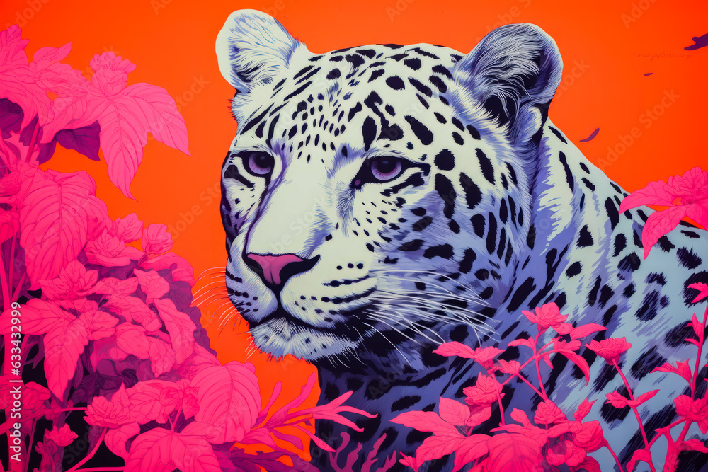 Sticker image of leopard surrounded by pink and purple flowers.