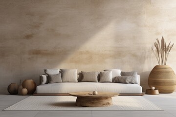 A rendering of an interior mockup showcases a warm neutral wabisabi style. The room features a low sofa, a jute rug, a ceramic jug, a side table, and a dried grass decoration. The background is an - obrazy, fototapety, plakaty