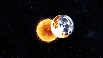 Moon covering the heating golden sun. Solar Eclipse by a Luna