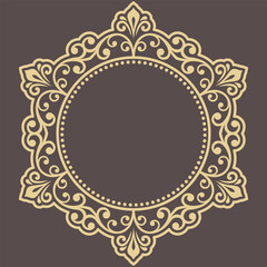 Oriental vector ornament with arabesques and floral elements. Traditional brown and golden round classic ornament. Vintage pattern with arabesques