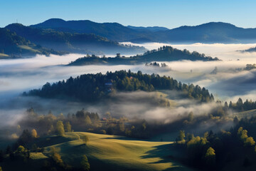 Alpine foggy valley in the morning