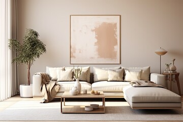 Stylish living room with a mock up poster frame, neutral colors, and personal accessories.