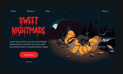 Halloween background with pumpkin, haunted house and full moon. Flyer or invitation template for Halloween party. Vector illustration.