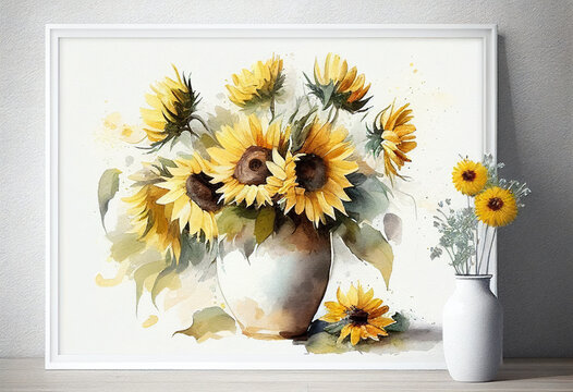 Watercolor painting of sunflowers in a glass vase. AI Generated