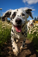 Dalmatian dog running through field of flowers.