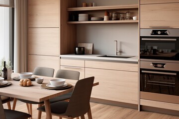 Modern kitchen with microwave oven on wooden table.
