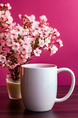 White mug with pink flowers in it on table.