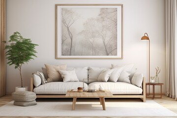 A rendered image of a closeup view of a mockup frame in a modern living room interior.