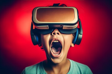 Kid with VR goggles. Virtual reality.