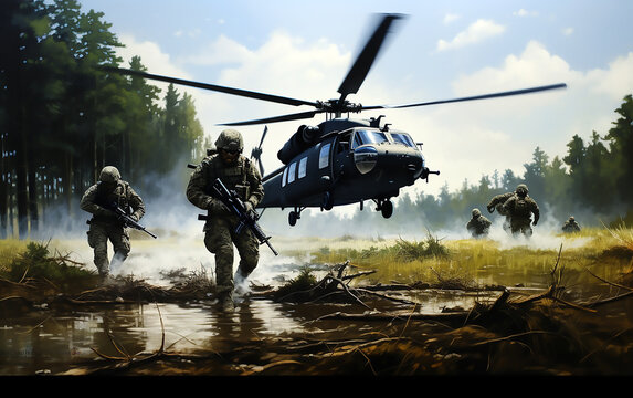 Soldiers walking with weapons and helicopter in flight