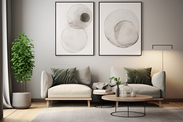 Design a contemporary living room background for a mockup poster frame, using a Scandinavianstyle interior with a modern twist. Mockup Of rendered, illustration showcasing the poster frame in a