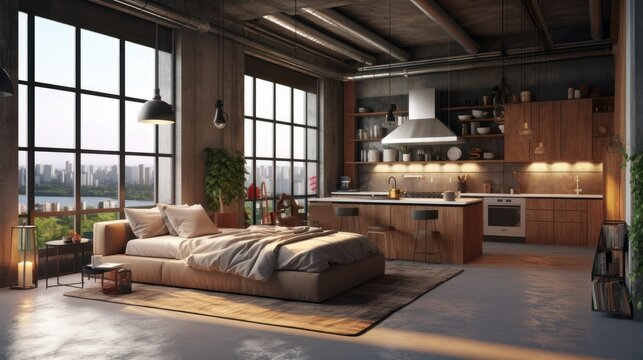 Luxury loft style studio apartment with a free layout in dark colors. Stylish modern kitchen with island, cozy bedroom area, floor-to-ceiling windows with stunning city view. 3D rendering.