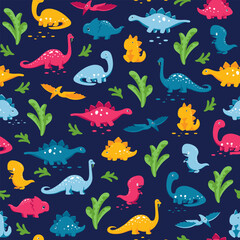 Enchanting floral seamless patterns with playful dinosaur motifs for kids. Versatile vector design for covers, paper - 633434978
