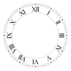 Old clock face blank isolated on white background, Roman numerals