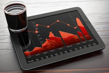 Tablet with chart of oil prices on wooden background. A glass with crude oil stands on the screen. Red graph of energy prices. Financial analysis, results and forecasts. Template, isolated.