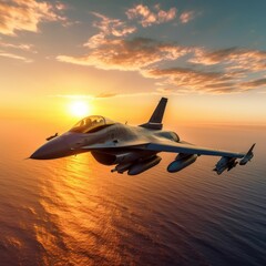 F-16 air force fighter flying over the ocean, beautiful sunset over horizon on the background. Jet military aircraft patrols territory, makes a training flight. Close up aerial view. 3D rendering.