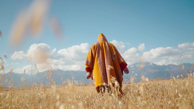 Persona caminando con traje tipico per&uacute;ano en cultivo de trigo con monta&ntilde;as cubiertas de nieve de fondo (Per&uacute;)