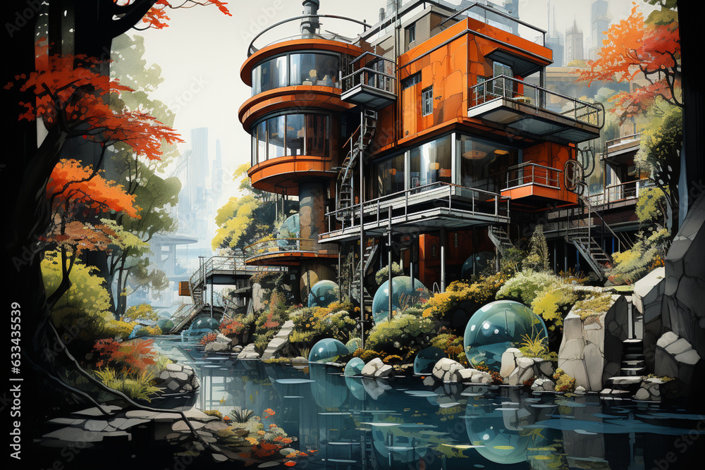 Aufkleber A portrayal of submerged buildings adorned with vibrant coral formations, showcasing the fascinating fusion of architecture and marine life. Generative AI technology.