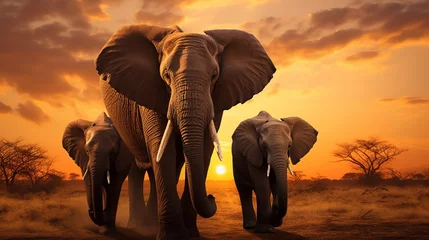 Zelfklevend Fotobehang a grown-up elephant with her baby child in its natural habitat, golden hour photo © Romana