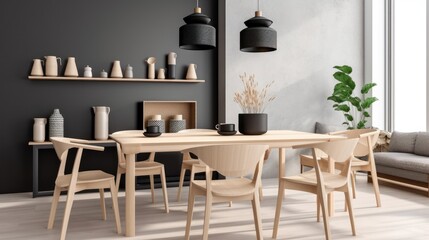 Stylish open space dining room interior in a modern apartment. Wooden table and chairs, tableware, wall shelves, green plant in a pot, home decor. Mockup, 3D rendering.