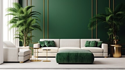 Front view of modern luxury living room in green and white colors. Empty wall, comfortable sofa with cushions and armchair, ottoman, coffee table, green plants in floor pots, home decor. 3D rendering.