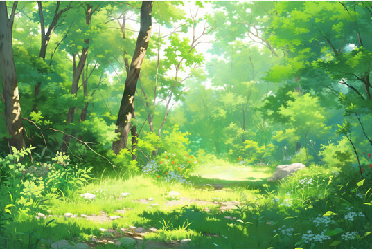 森の背景イメージ。水彩画タッチ。セル画調。