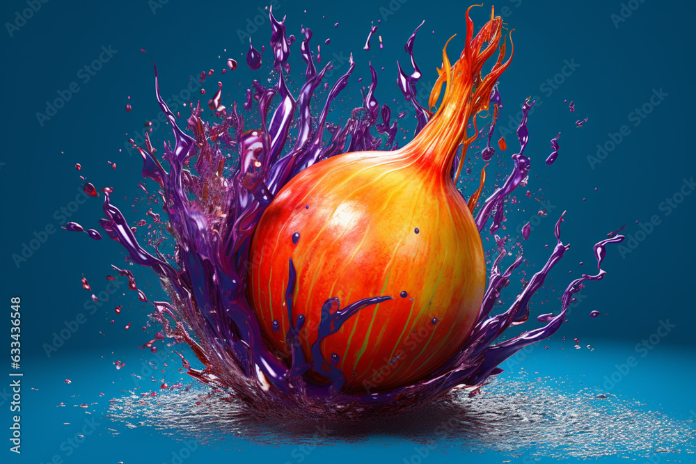Poster an vibrant photograph of a onion splashed in bright paint, symbolizing freshness and health. generat