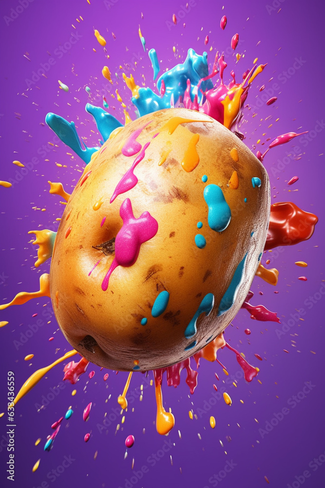 Fototapete an abstract surreal photograph of a potato splashed in bright paint, symbolizing freshness and healt