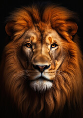 Fototapeta premium Animal face portrait of a wild lion in a dark backdrop conceptual for frame