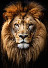 Animal face of an african lion on a black background conceptual for frame