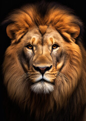 Obraz na płótnie Canvas Animal face portrait of an african lion in a black backdrop conceptual for frame