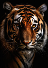 Fototapeta premium Animal face portrait of a wild tiger in a dark backdrop conceptual for frame
