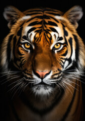 Obraz premium Animal face portrait of an Asian tiger in a black backdrop conceptual for frame