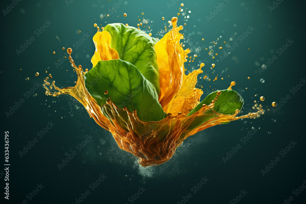 Poster an vibrant photograph of a spinach splashed in bright paint, symbolizing freshness and health. gener